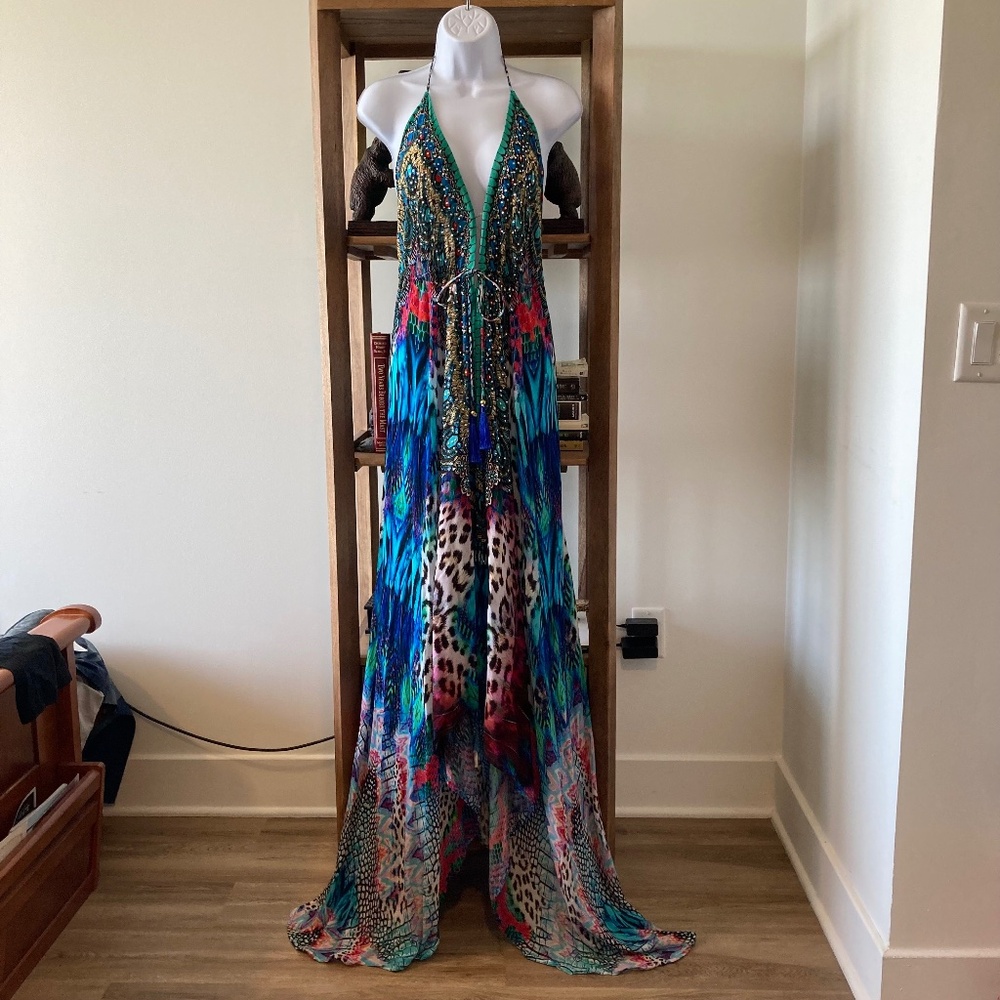 Glam Crystal Beaded Maxi Dress – Halter, Size Small
